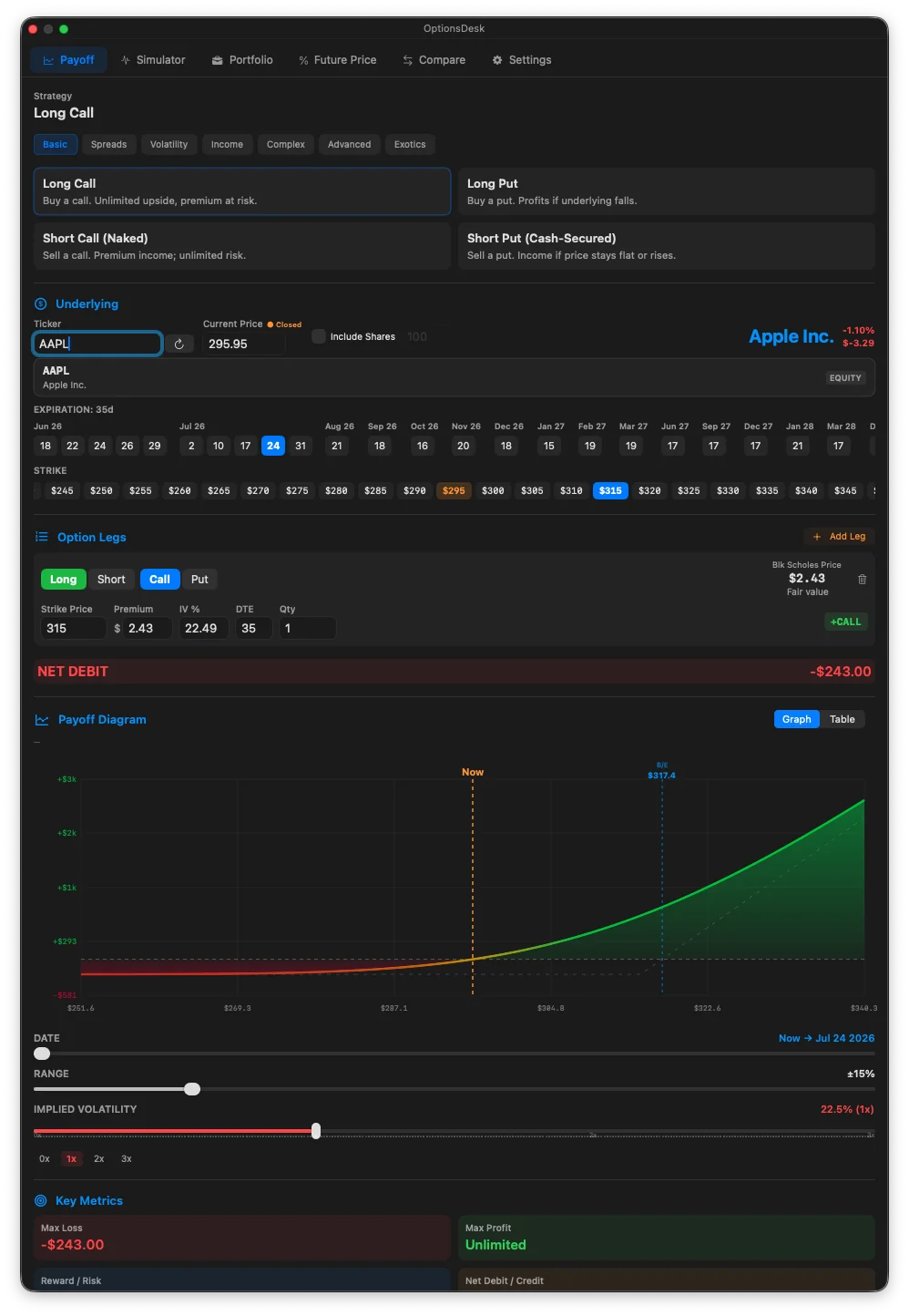 OptionsDesk payoff diagram for a long call on AAPL with strike ladder and key metrics