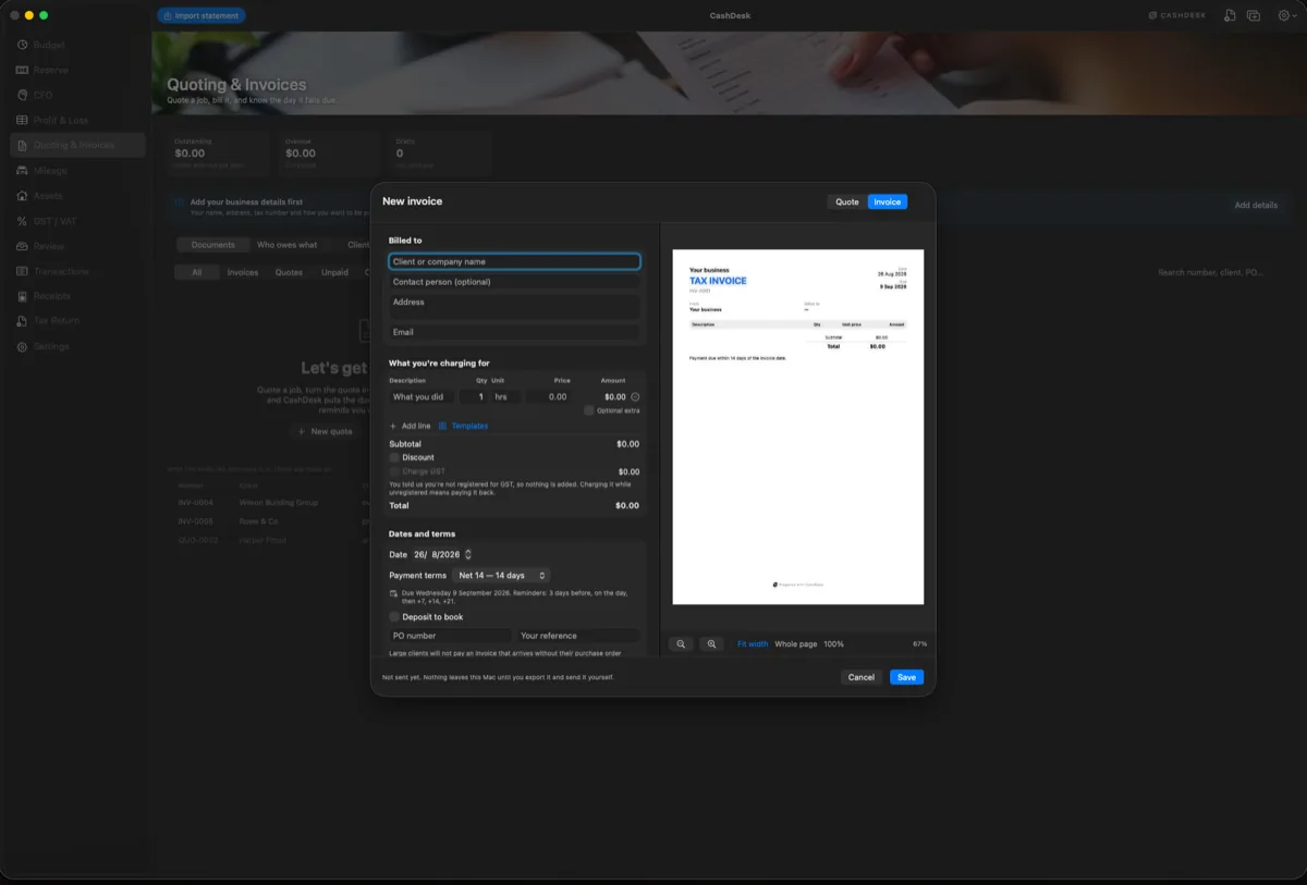 The CashDesk Quoting & Invoices screen with a new invoice being built — client, line items, payment terms and deposit — beside a live preview of the document that will be sent