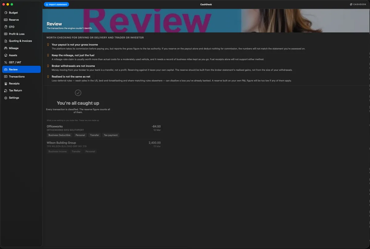 The CashDesk Review screen: the handful of transactions the rules would not guess at, queued one at a time, with the queue cleared and every transaction classified